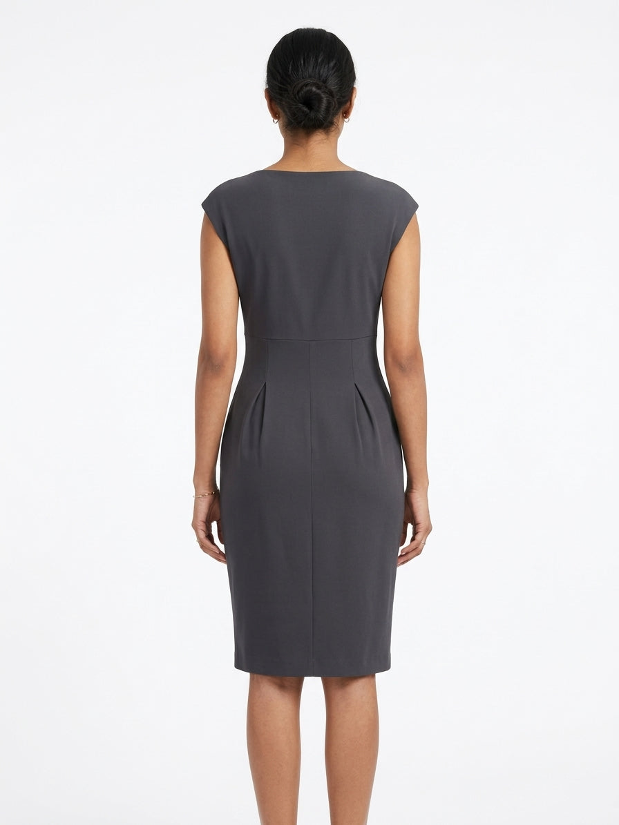 Charcoal Draped V-Neck Slim Fit Dress