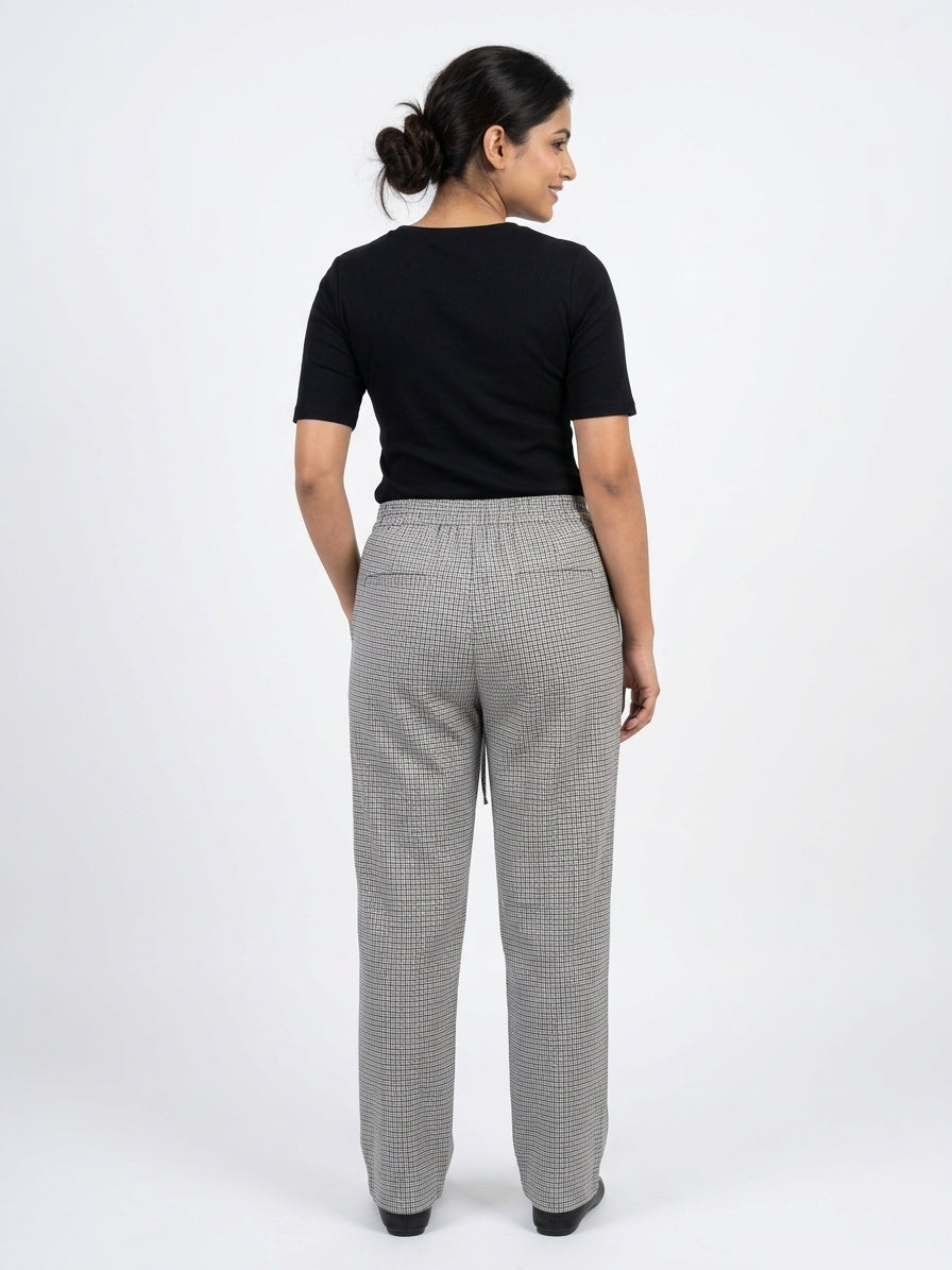 Grey Checkered Elastic Waist Trousers