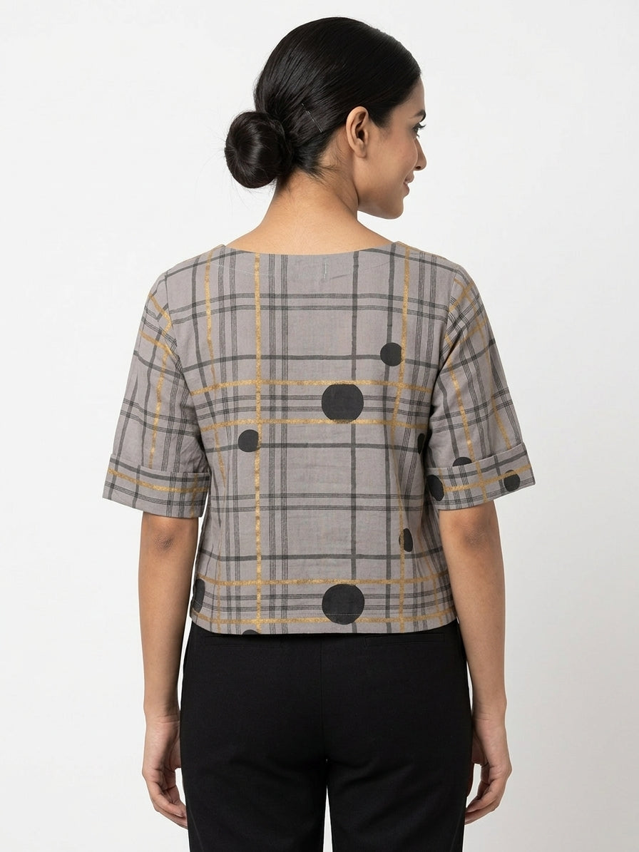 Women's Grey Plaid & Polka Dot Casual Top