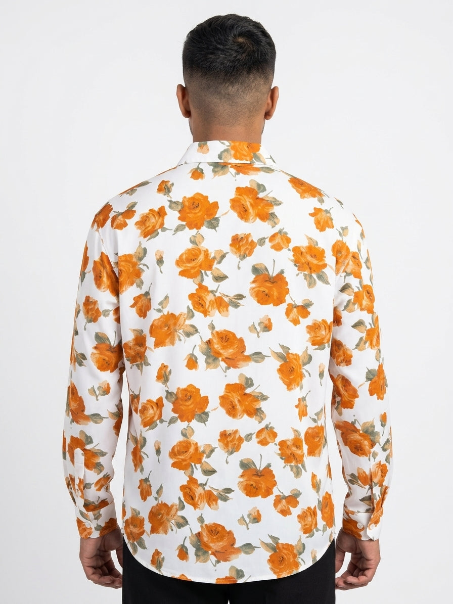 White & Orange Floral Print Casual Shirt