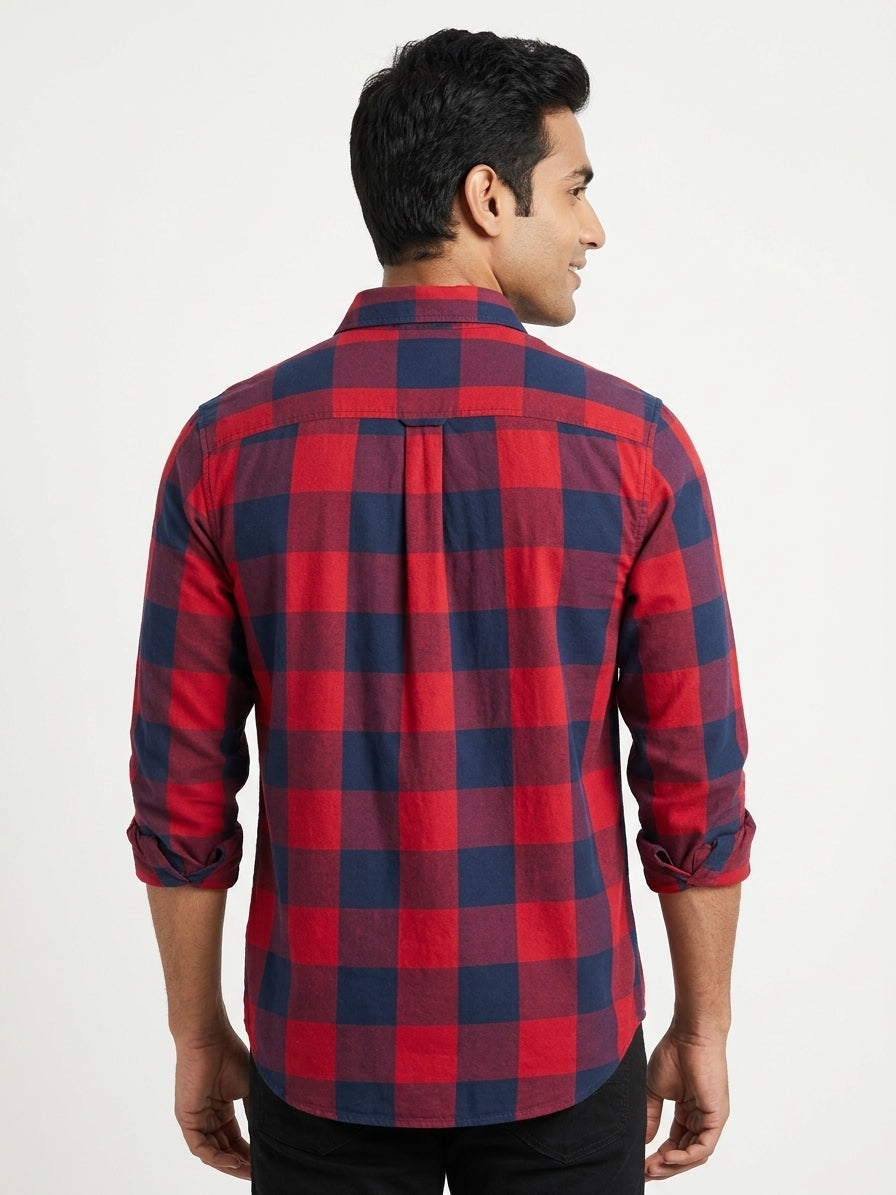 Red & Navy Plaid Long Sleeve Casual Shirt