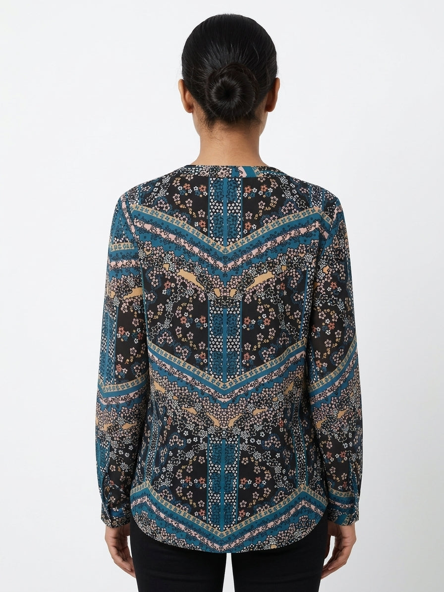 Women's Floral Patterned V-Neck Long Sleeve Top