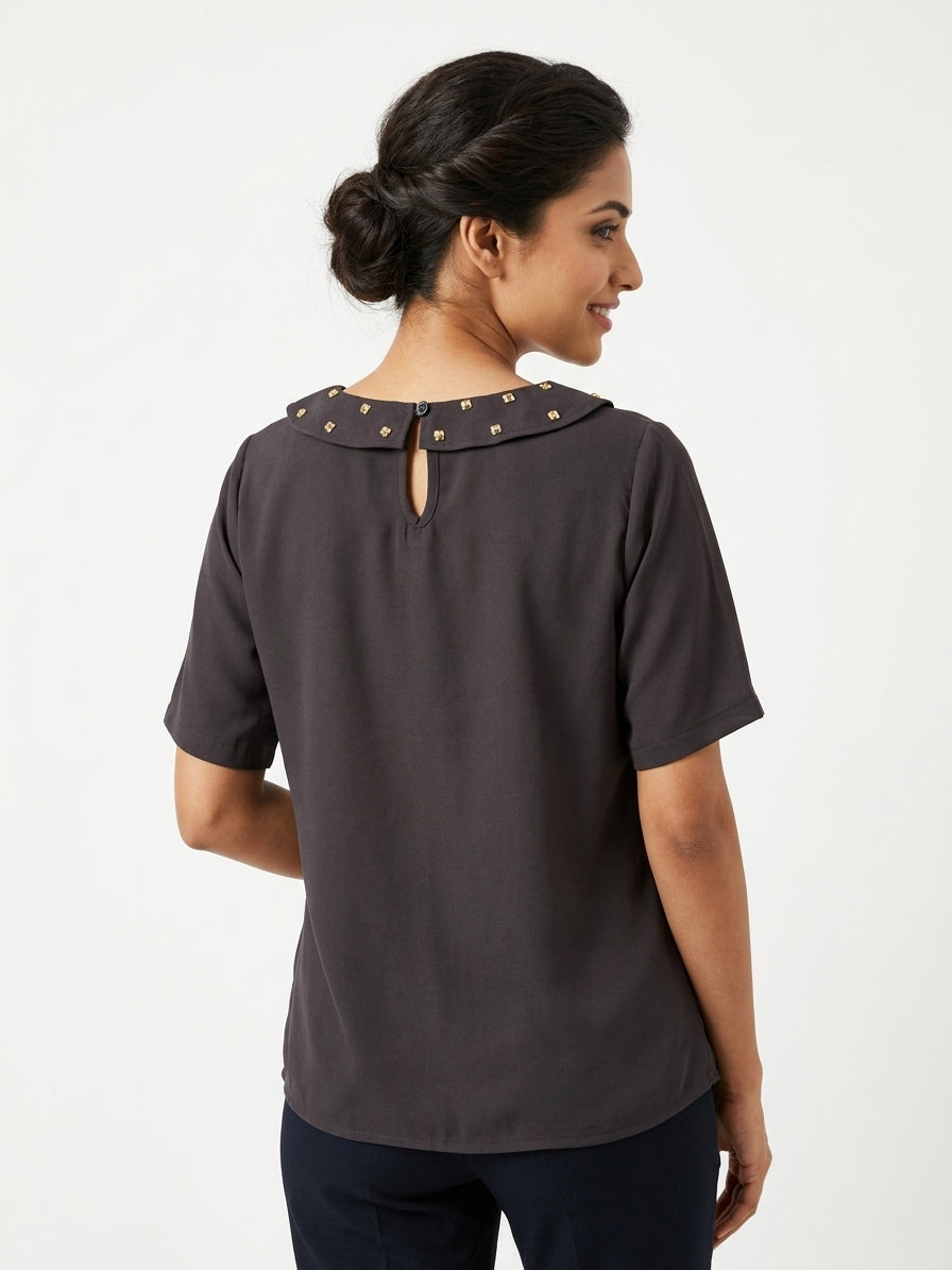 Women's Charcoal Studded Collar Short Sleeve Top