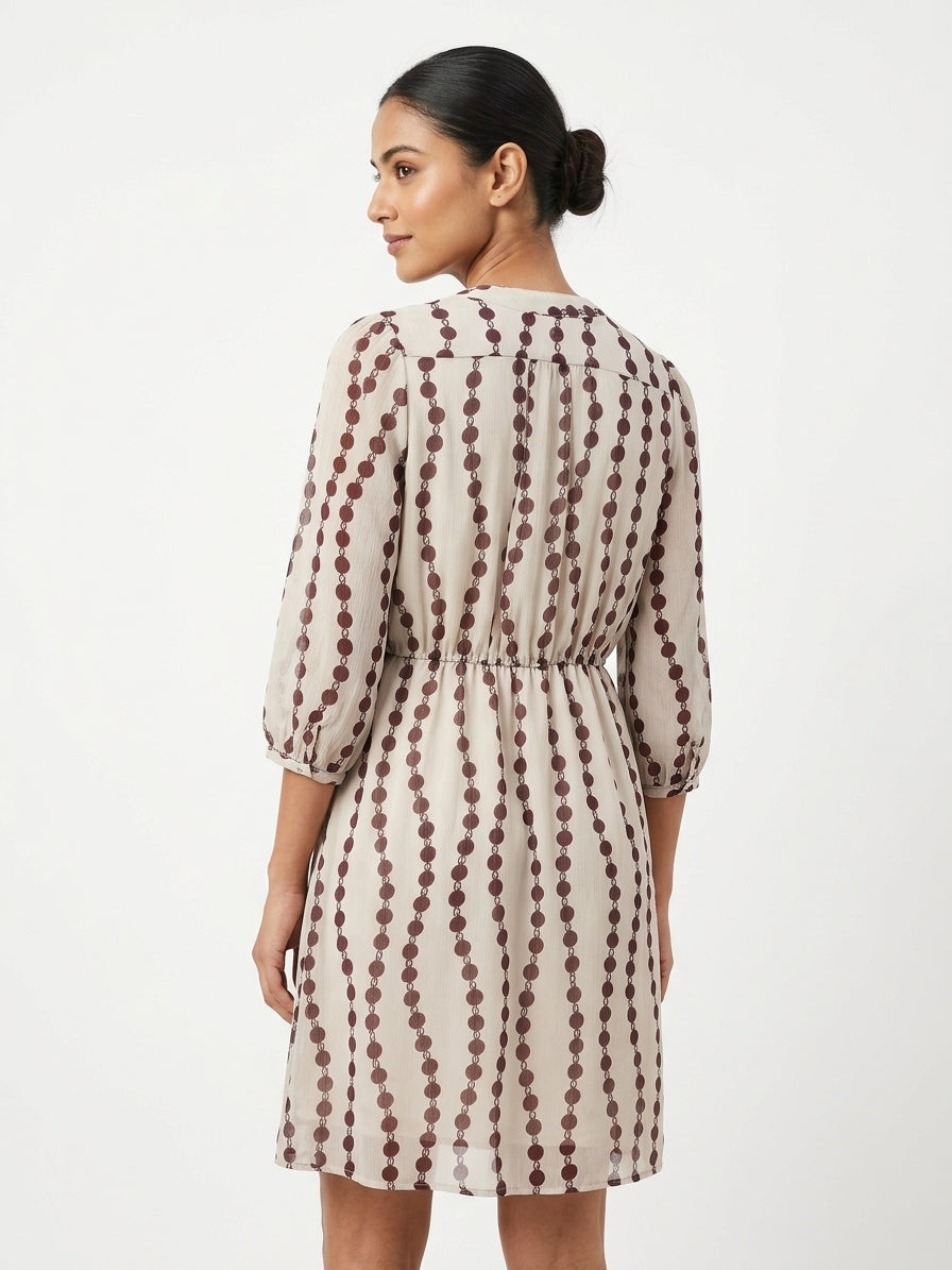 Cream Chain Print V-Neck Midi Dress