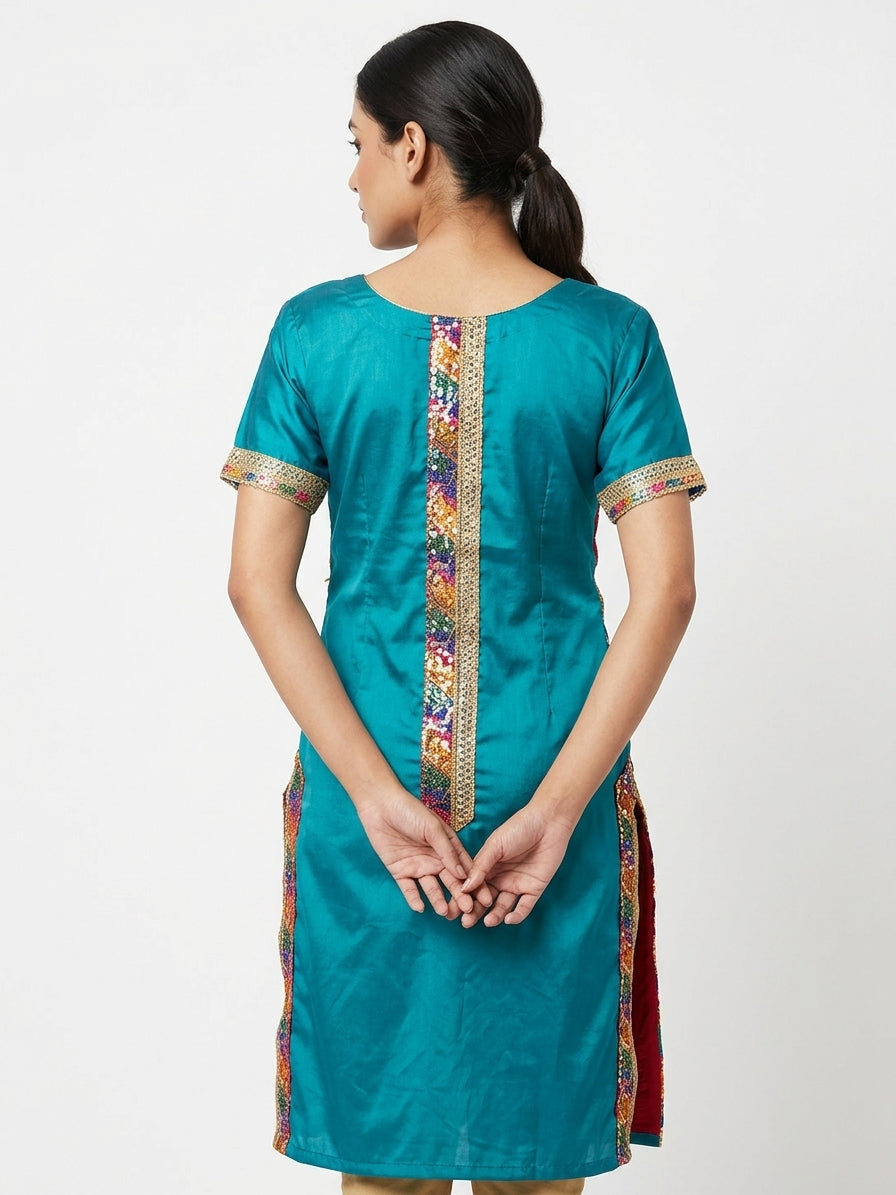 Teal Embellished Kurti with Colorful Overlay
