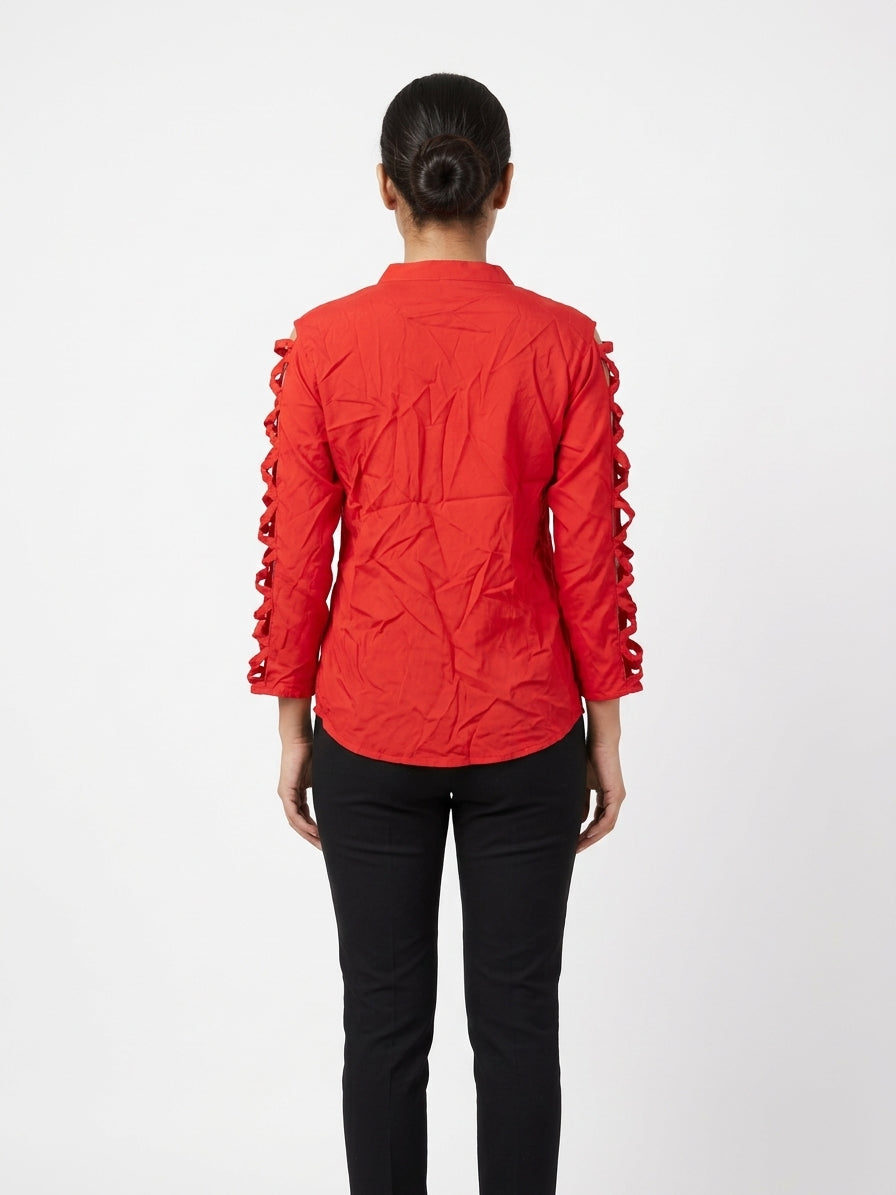 Red Solid Casual Shirt with Ruffled Sleeves