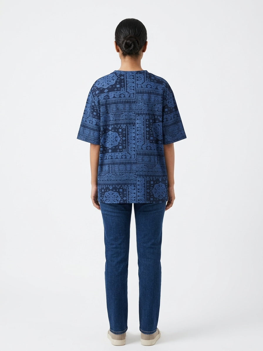 Navy Blue Bandana Print Relaxed Fit T-Shirt