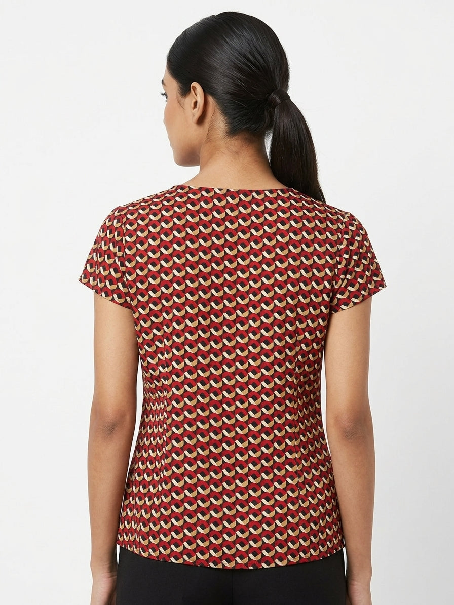 Red Geometric Print Tie-Neck Short Sleeve Top