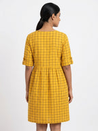Yellow Checkered Button-Down Casual Dress