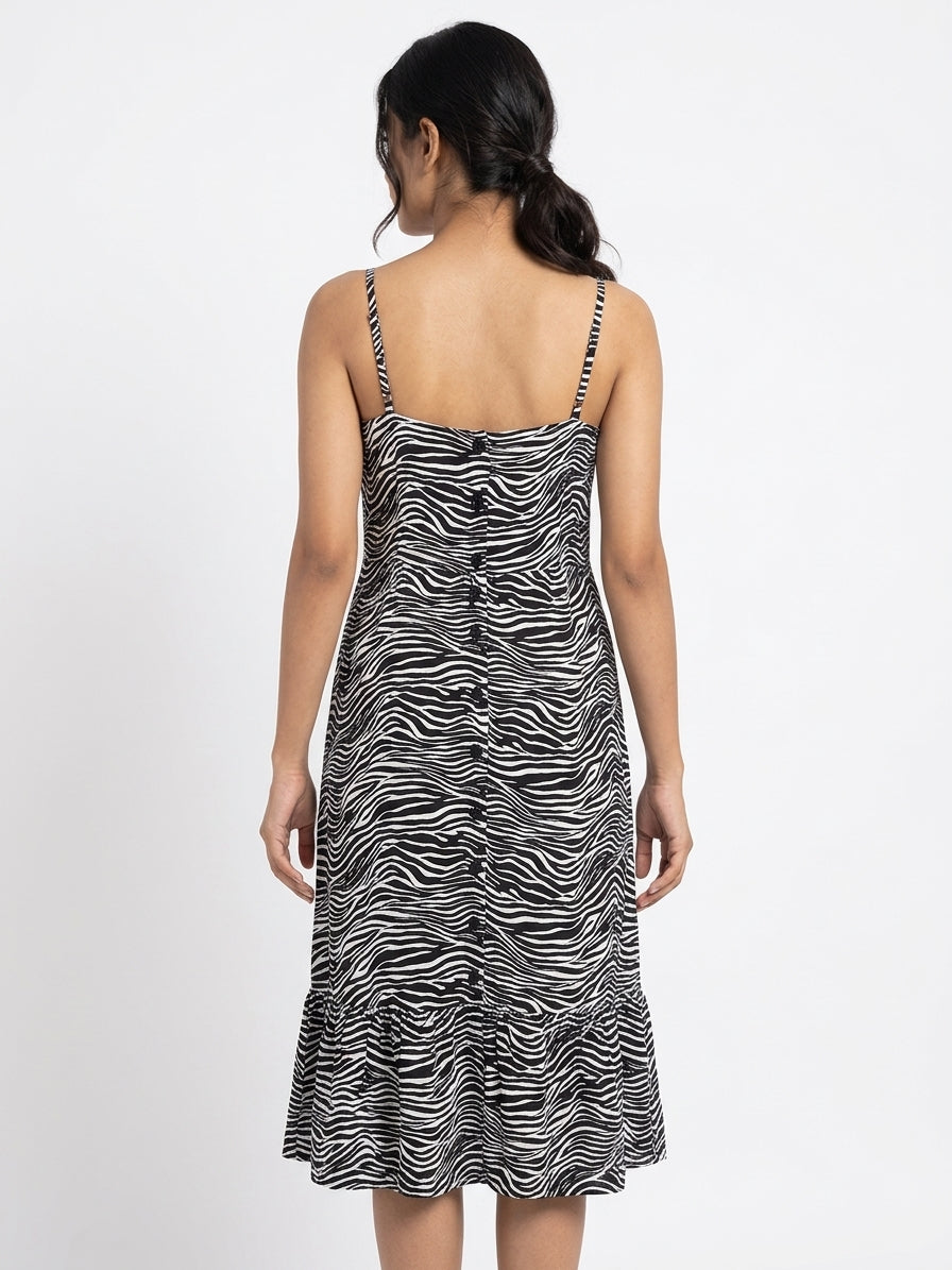 Women's Black & White Zebra Print Button-Front Strappy Dress