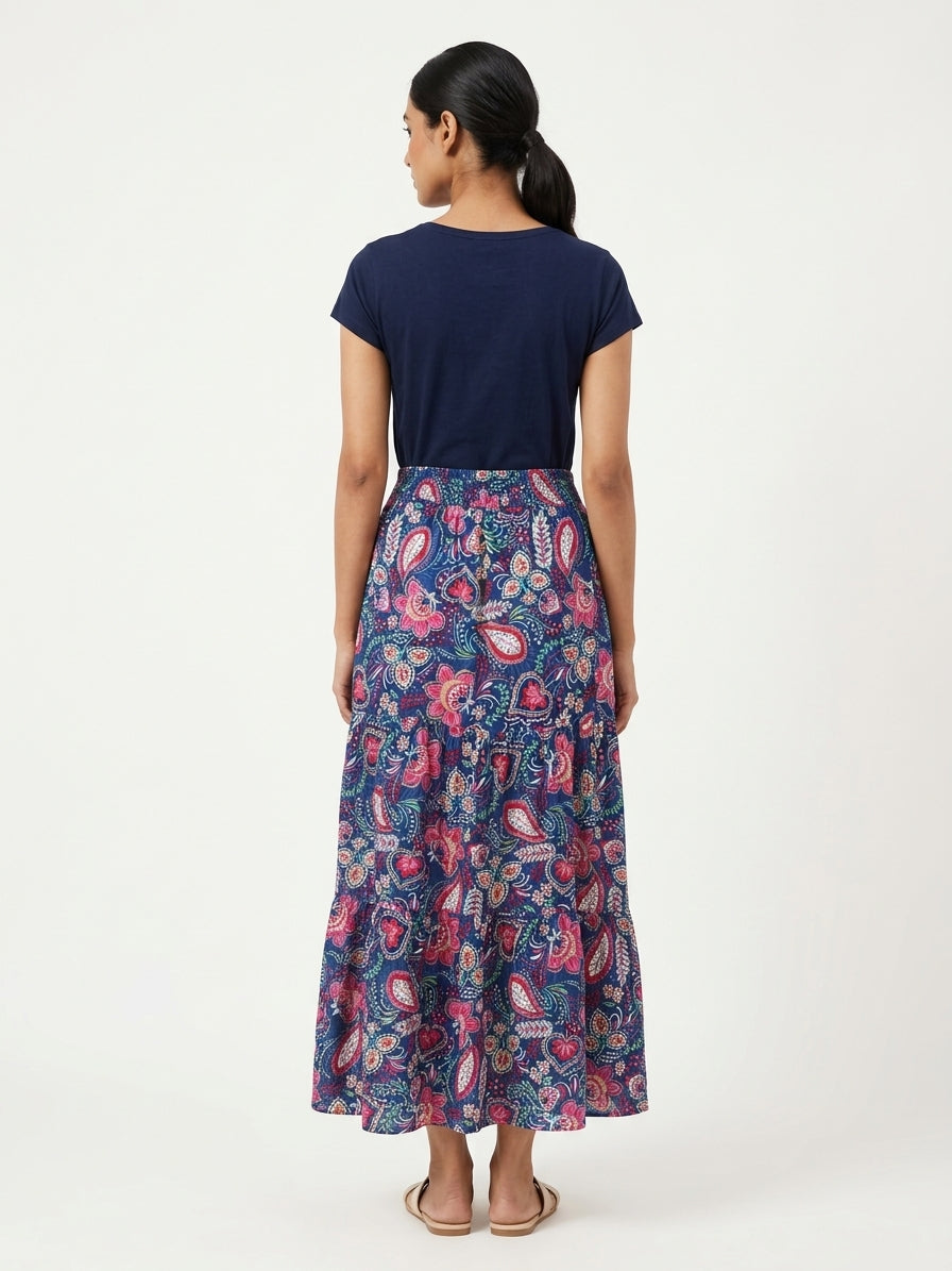 Women's Navy Blue Floral Paisley Print Maxi Skirt