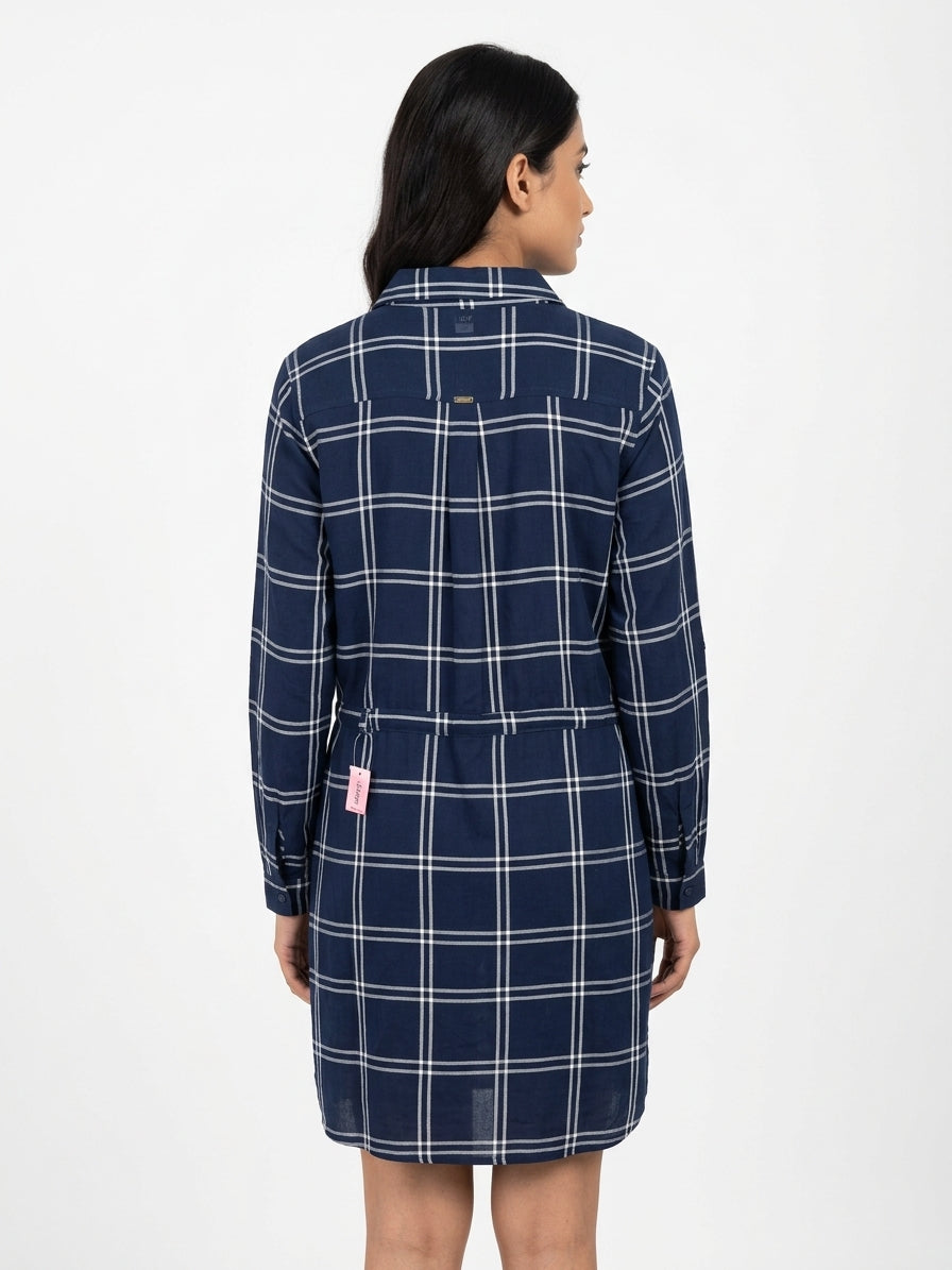Navy Blue Plaid Drawstring Waist Shirt Dress