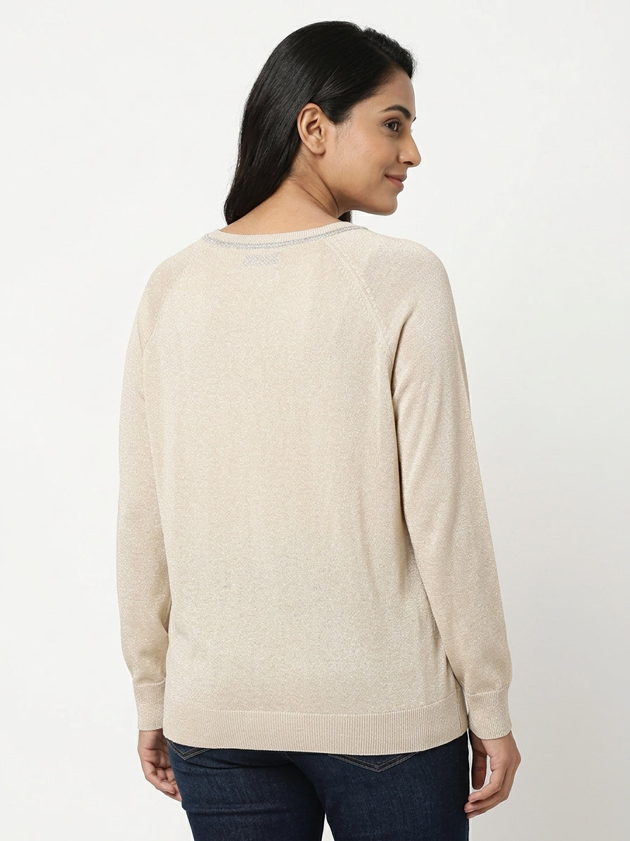 CODE Women's Shimmer Trim Knit Top in Beige/Gold