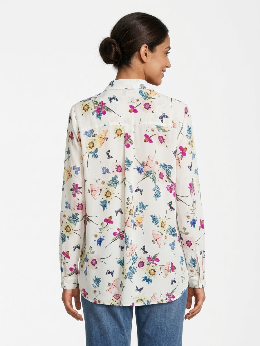 Women's White Floral & Butterfly Print Long Sleeve Casual Shirt