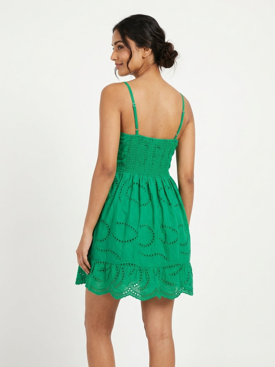 Women's Green Eyelet Embroidered Casual Mini Dress