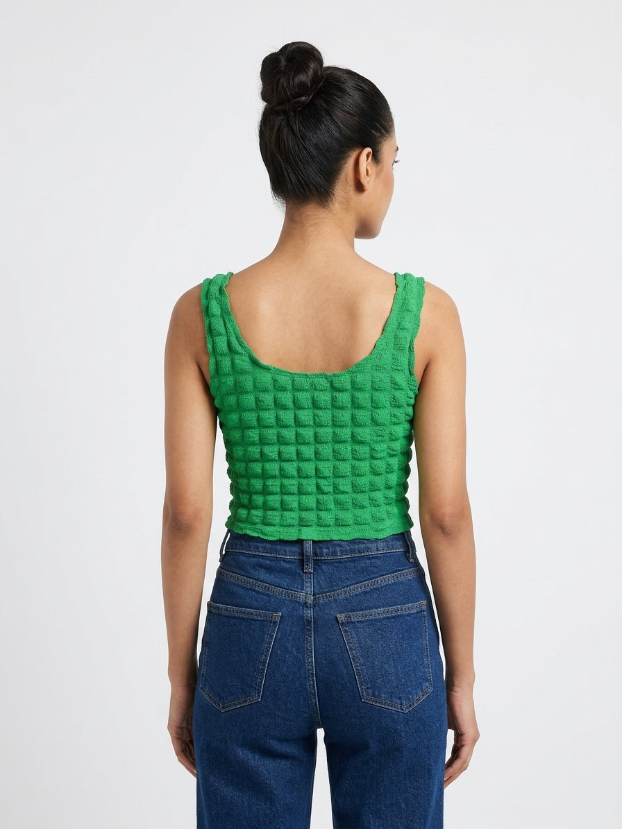 Green Textured Sleeveless Crop Top