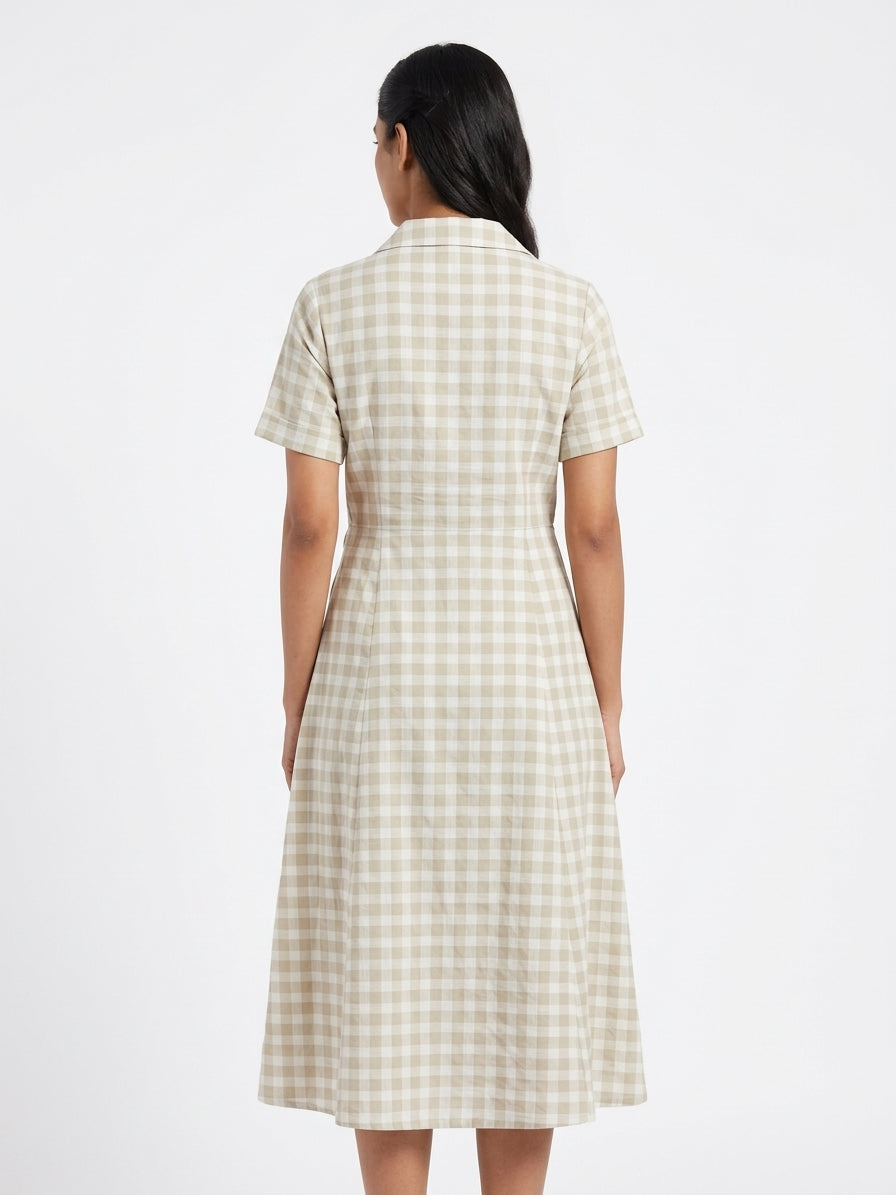 Women's Beige Gingham Double-Breasted Short Sleeve Dress