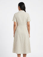Women's Beige Gingham Double-Breasted Short Sleeve Dress
