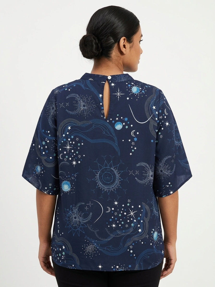 Navy Blue Celestial Print V-Neck Top