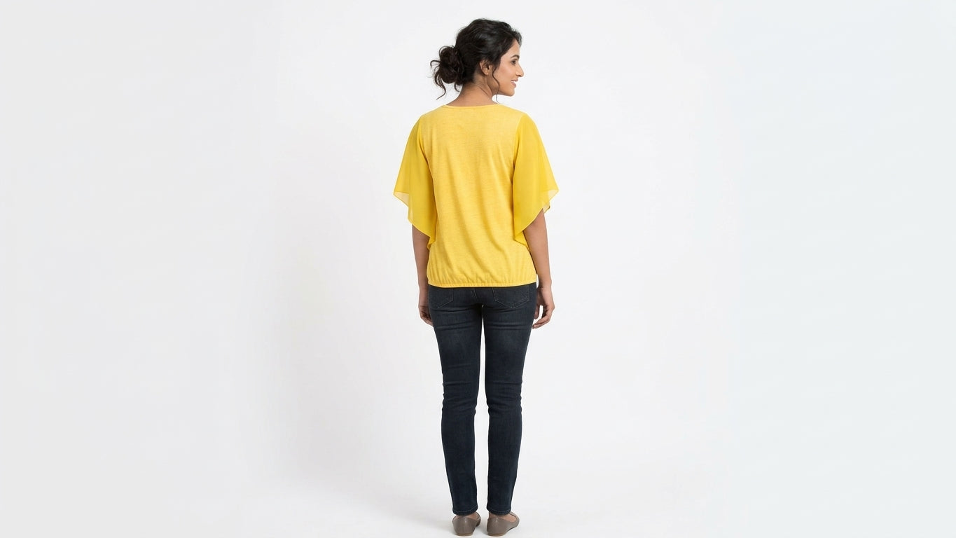 Yellow Casual Round Neck Top with Flowy Sleeves