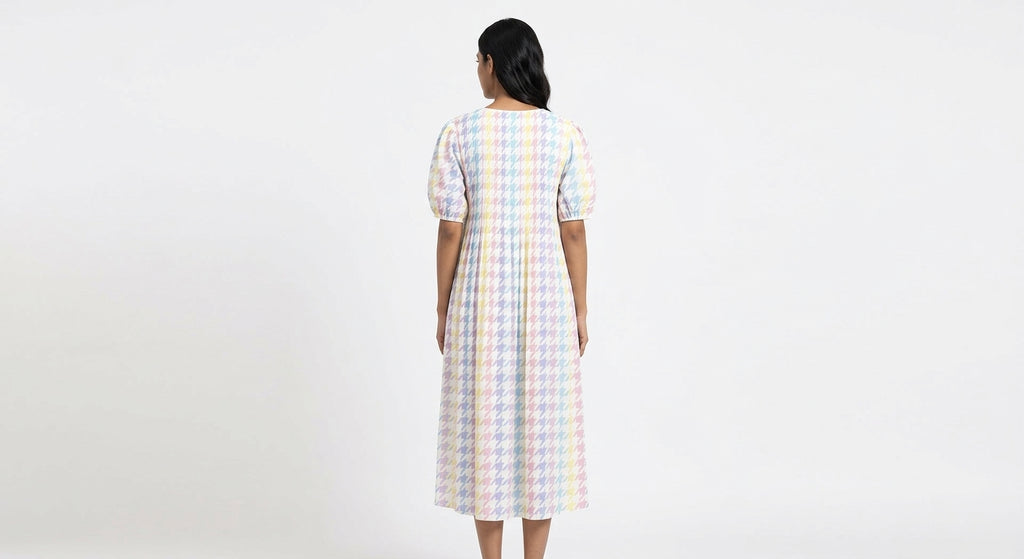 Pastel Houndstooth Pleated Relaxed Dress