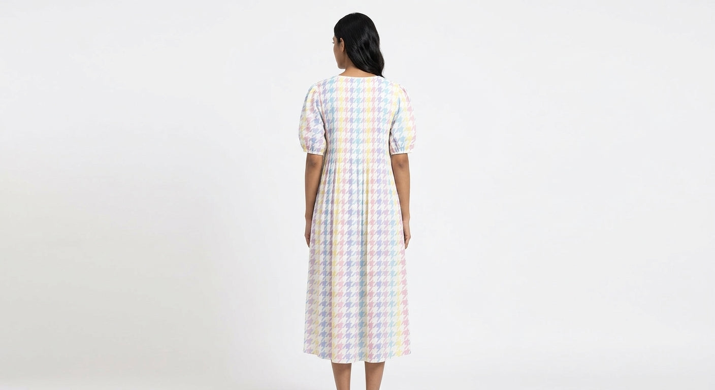 Pastel Houndstooth Pleated Relaxed Dress