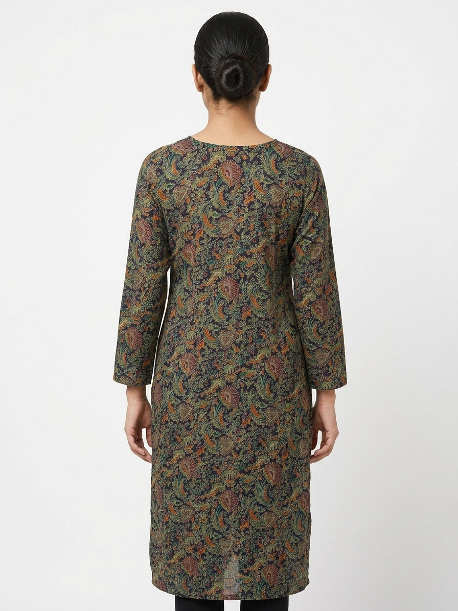 Navy Blue Printed V-Neck Kurti
