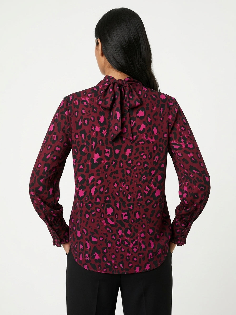 Women's Burgundy & Pink Leopard Print Tie-Neck Long Sleeve Top