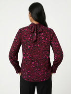 Women's Burgundy & Pink Leopard Print Tie-Neck Long Sleeve Top