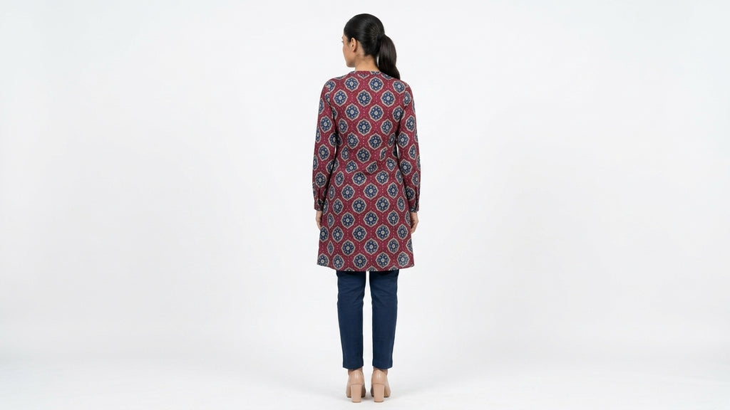 Burgundy and Blue Printed Casual Dress
