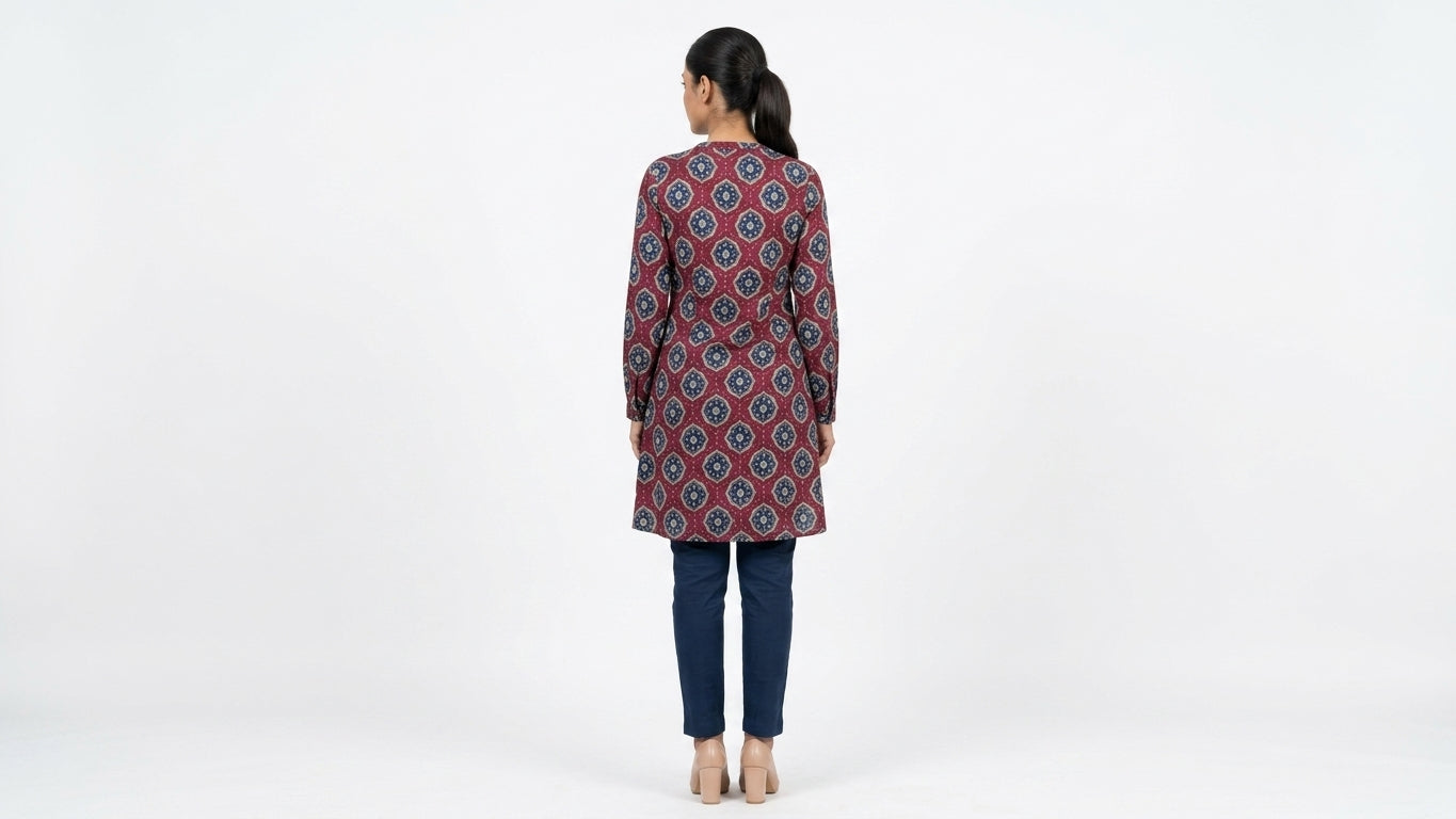 Burgundy and Blue Printed Casual Dress