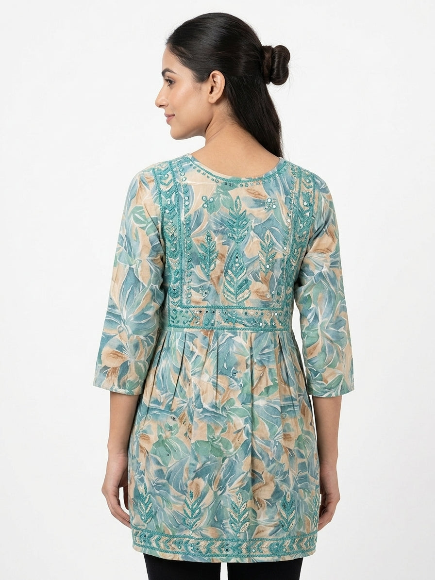 Women's Teal Floral Print Embroidered Maxi Dress