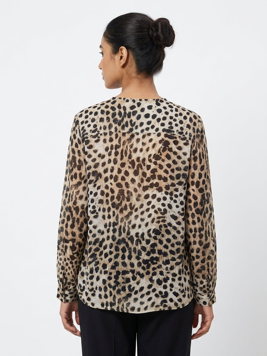 Beige Leopard Print V-Neck Blouse