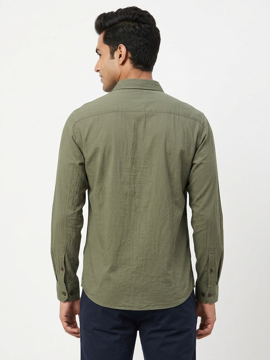 Olive Green Crinkled Casual Button-Up Shirt