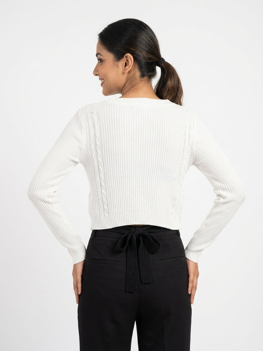 White Ribbed V-Neck Cardigan with Black Tie Front
