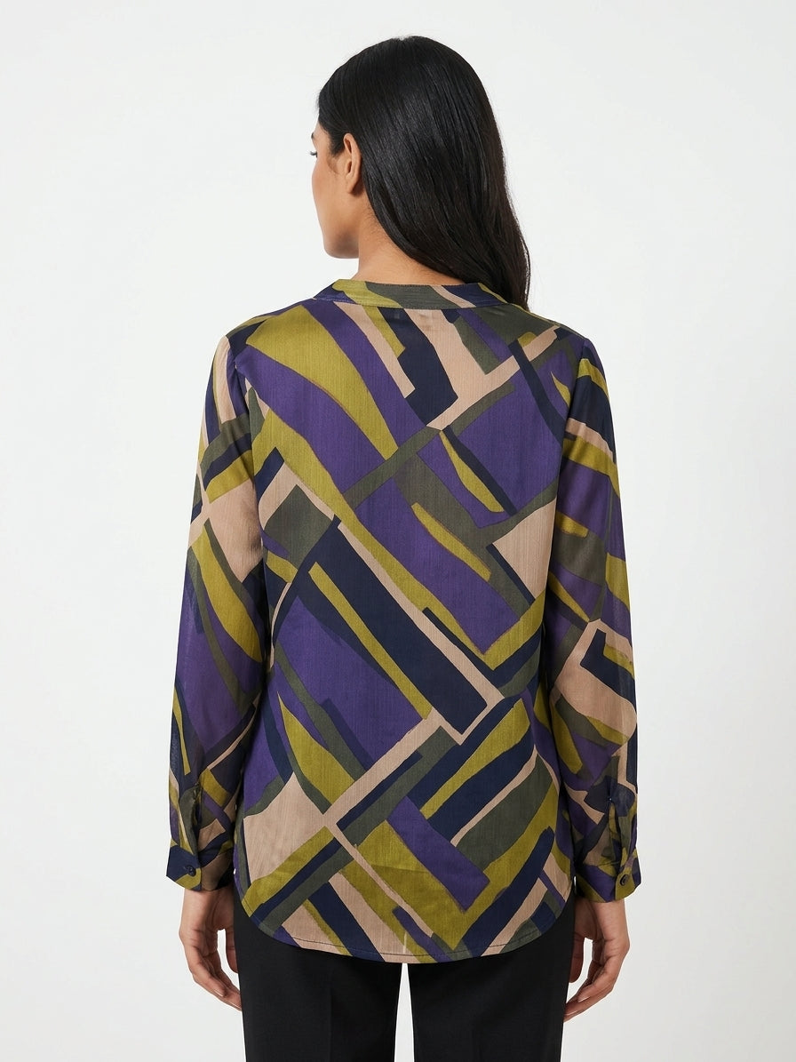 Abstract Geometric Print V-Neck Blouse