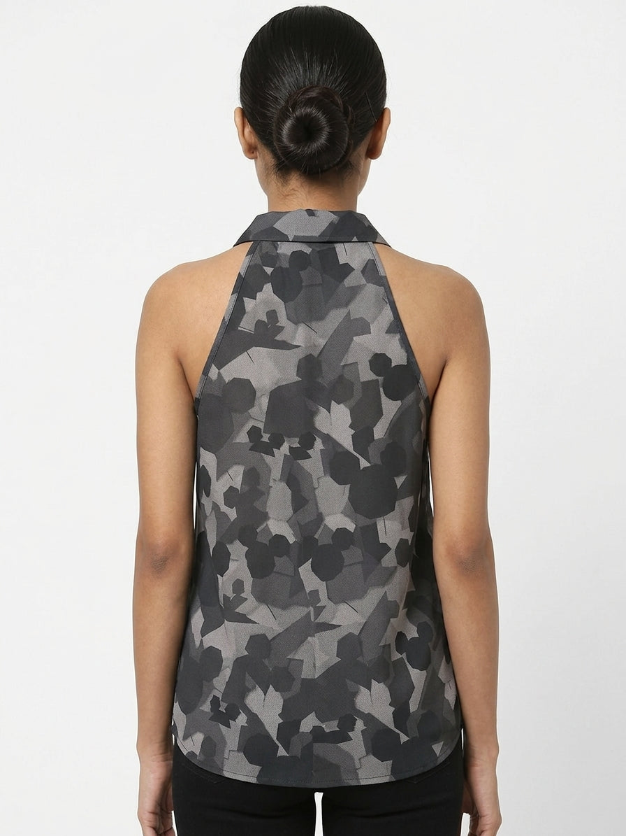Vero Moda Women's Charcoal Printed Sleeveless Collared Top