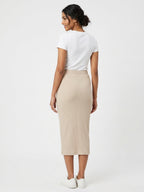 Beige Ribbed Knit Midi Skirt