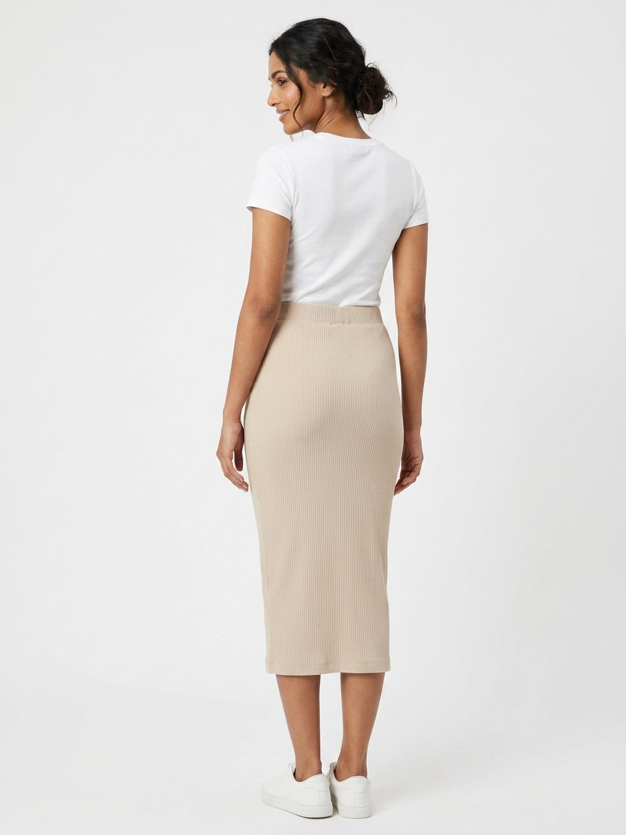 Beige Ribbed Knit Midi Skirt