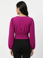 Magenta Ruched V-Neck Long Sleeve Top