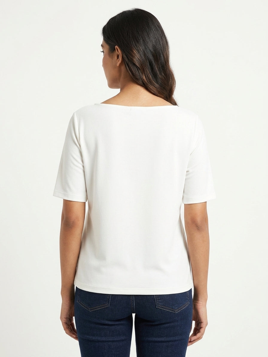 White Boat Neck Regular Fit Top