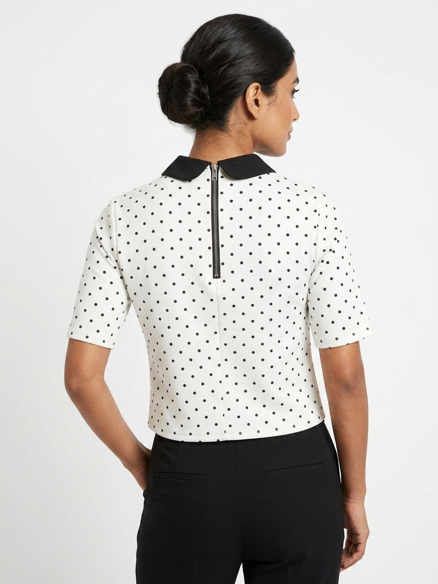 White Polka Dot Top with Black Collar