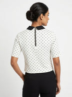 White Polka Dot Top with Black Collar