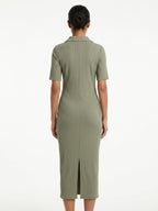Olive Ribbed Knit Collared Midi Dress