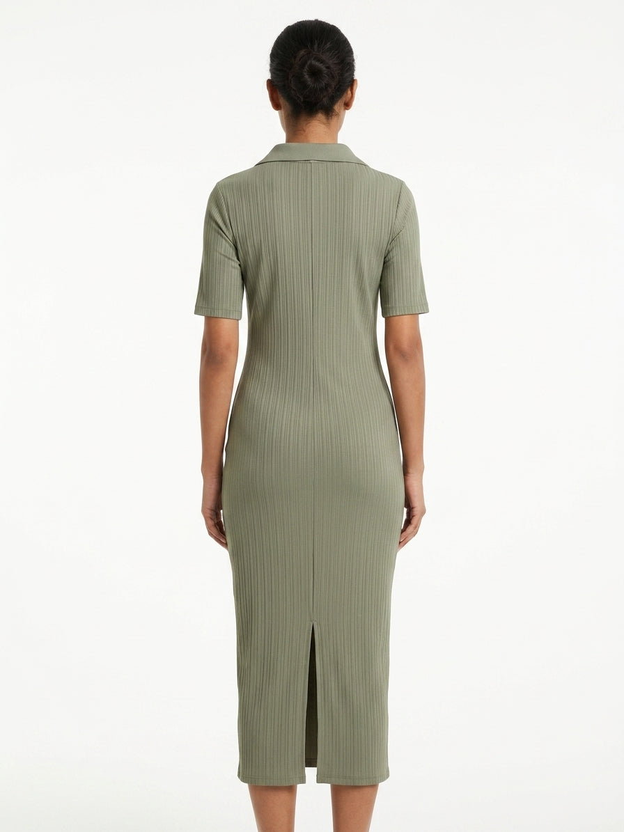 Olive Ribbed Knit Collared Midi Dress