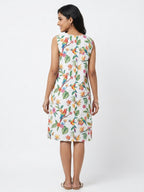 White Floral Bird Print Sleeveless Dress