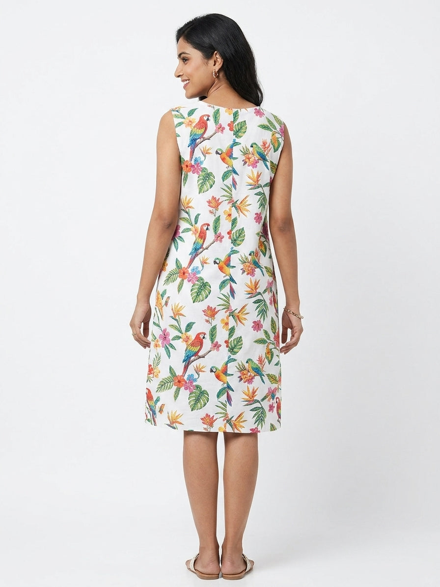 White Floral Bird Print Sleeveless Dress