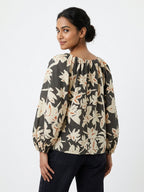 Women's Cream & Charcoal Floral Print Relaxed Top
