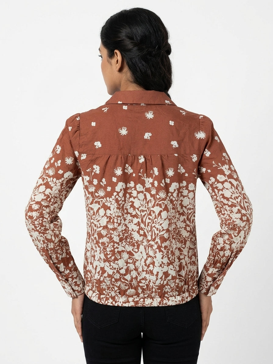 Women's Brown Floral Print Long Sleeve Casual Shirt