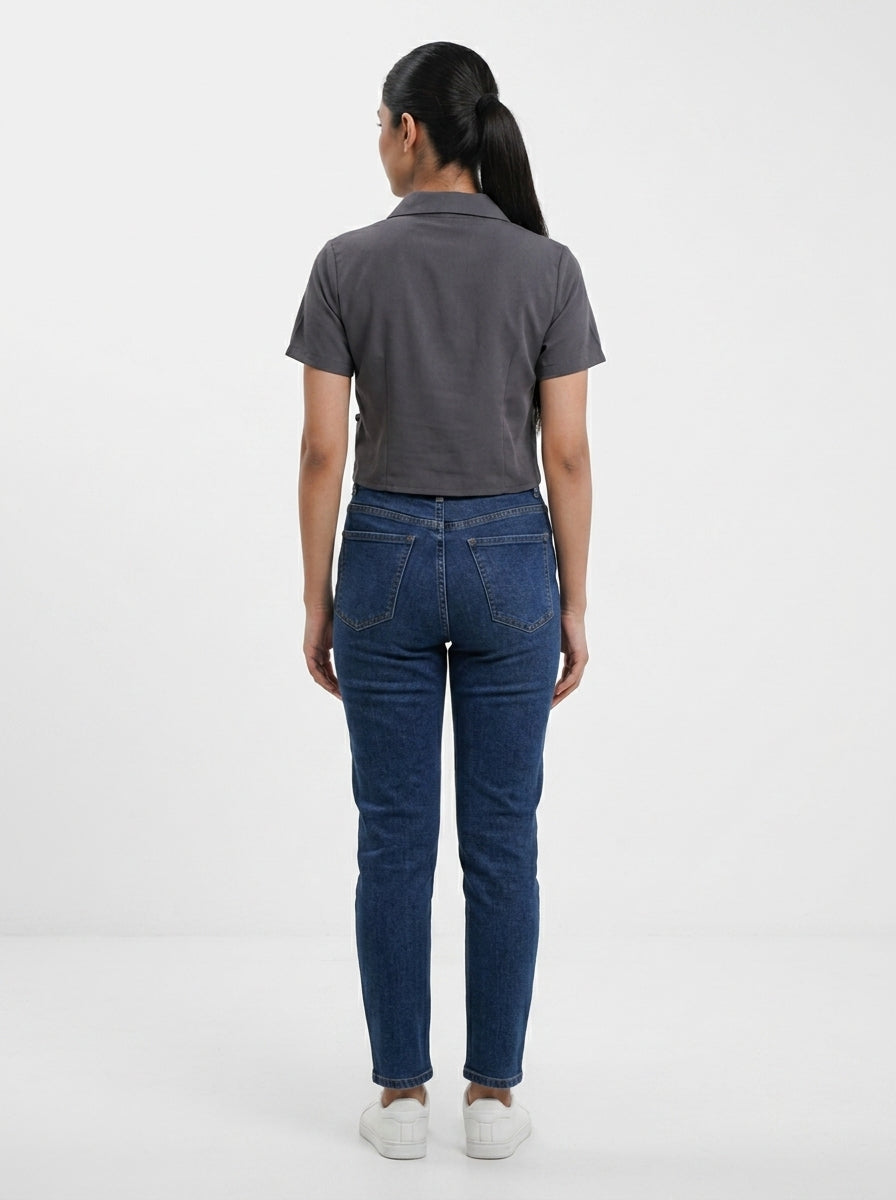 Women's Charcoal Cropped Collared Button-Up Top